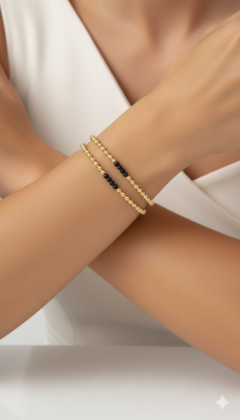 18K Solid Gold & Black Stretch Bracelet
