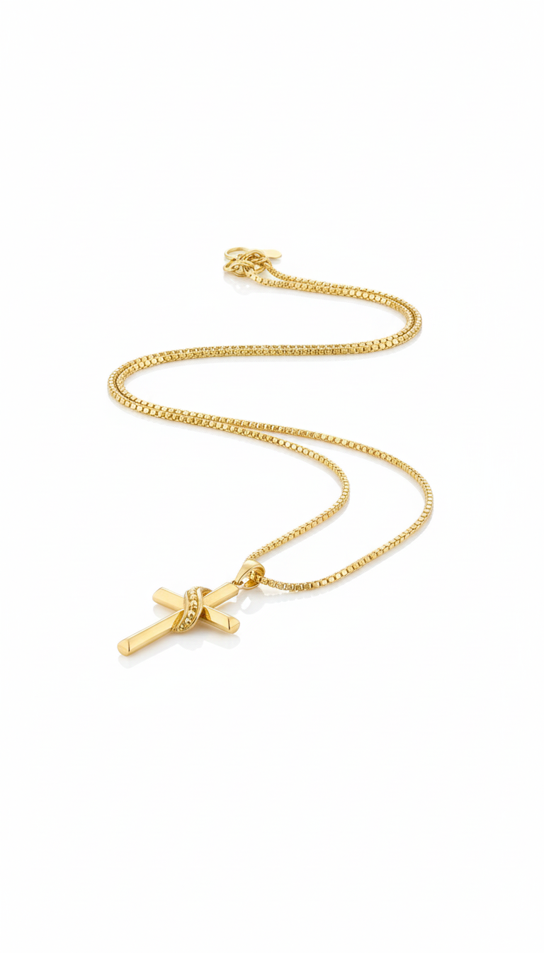 18K Solid Gold Ribbon Cross Pendant (No Chain)