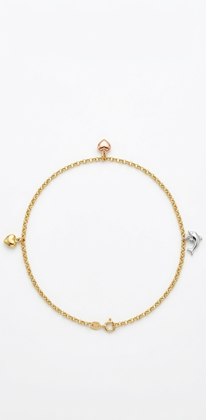 18ct Yellow Gold Heart & Dolphin Charm Anklet - 9"