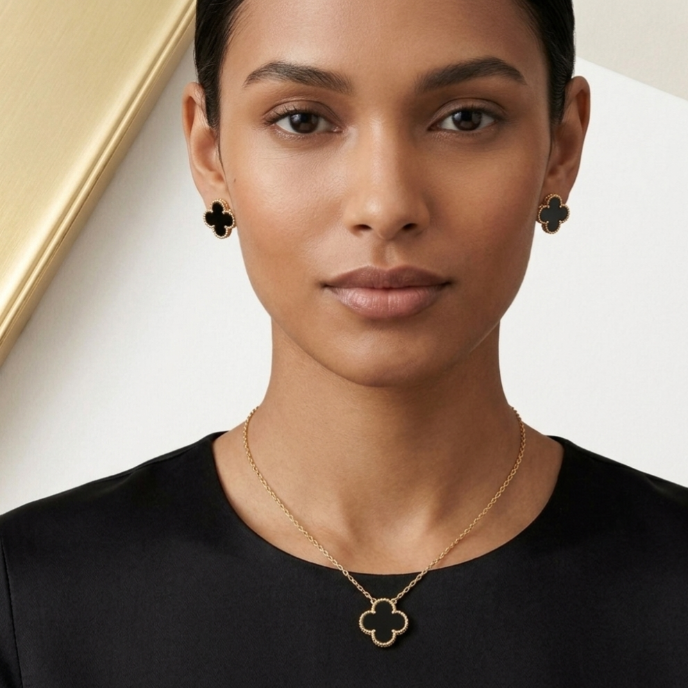 18k Yellow Gold Black Onyx Clover Jewelry Set – 16" Necklace & Matching Earrings