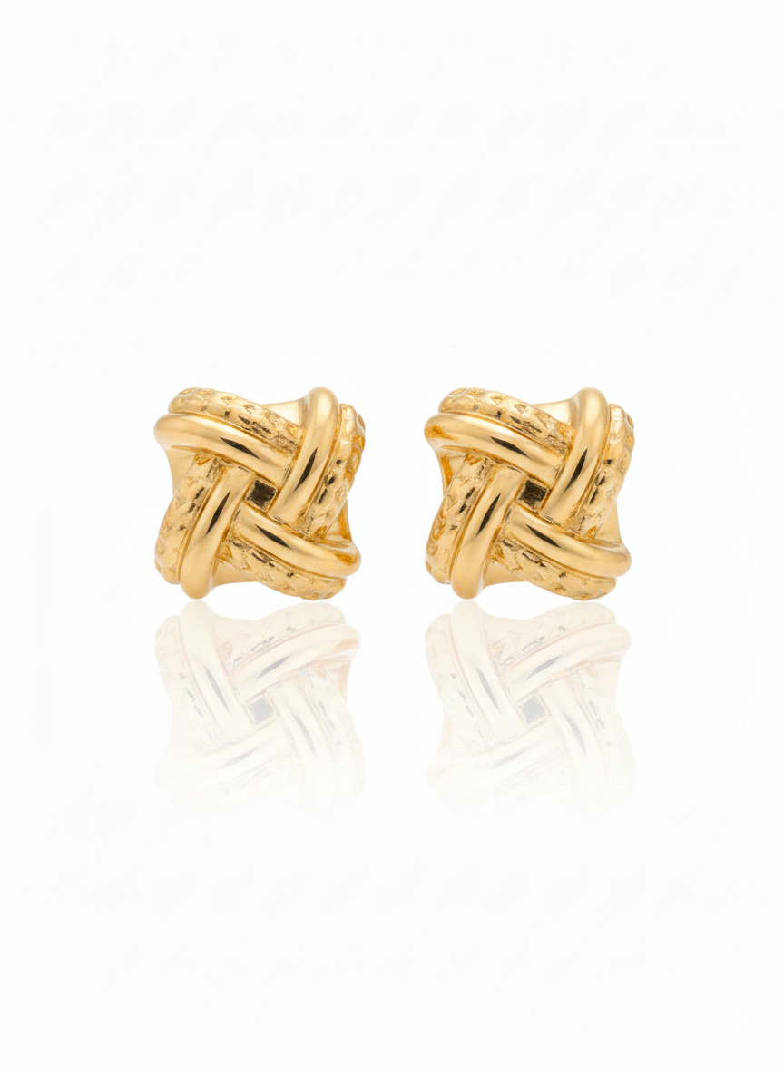 18K Solid Gold Textured Square Knot Stud Earrings